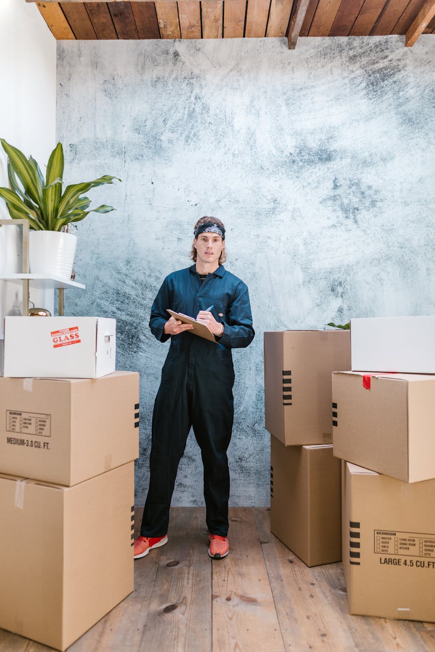 Industrial Move Planning: 3 Essential Steps for Effortless Success Professional mover in coveralls organizing packages for moving day.