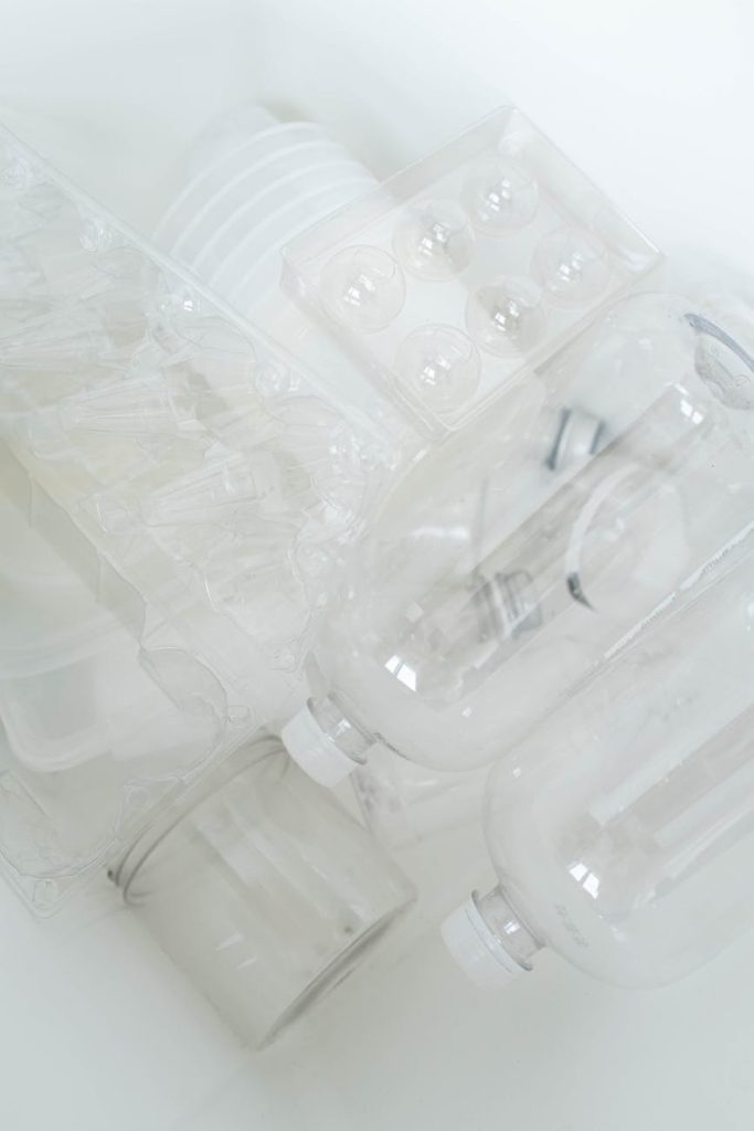 Translucent plastic bottles arranged for recycling in a zero waste effort.