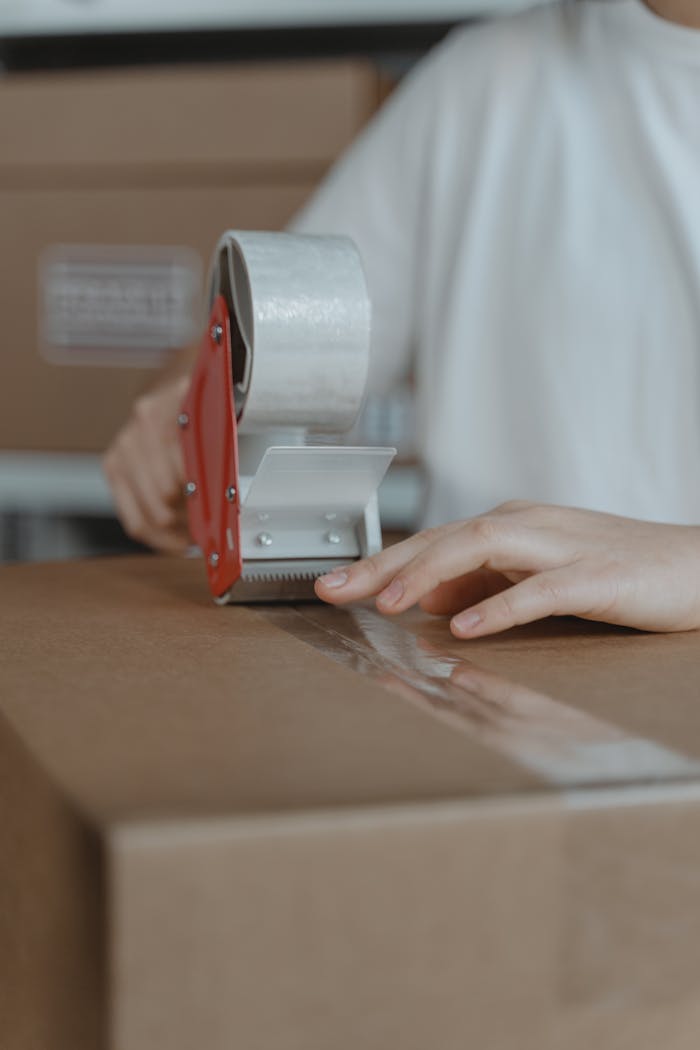Menus A person sealing a cardboard box with a tape dispenser in an indoor setting.
